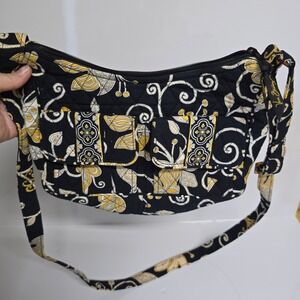 Vera Bradley Quilted Crossbody Bag Womens Black Yellow Bird Floral Boho
